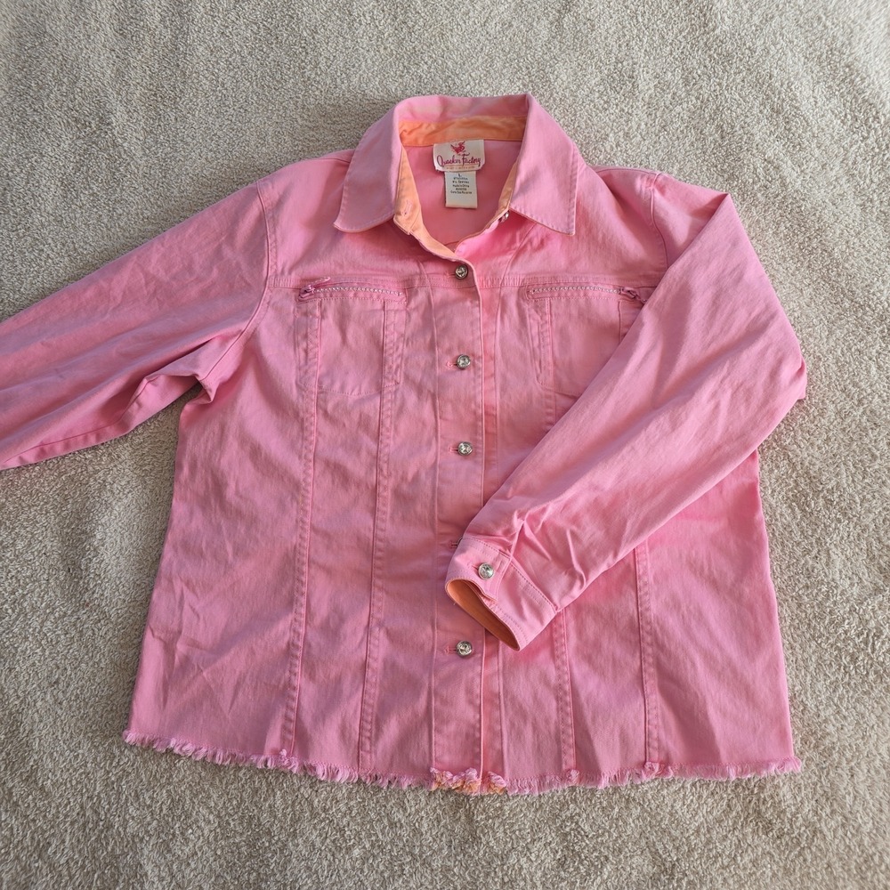 Quacker Factory Jacket Women Sz L Pink Twill Rhinestone Button Up Rough Hem